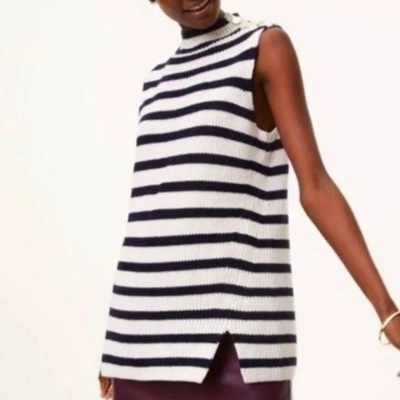 Loft stripe Funnel Neck navy and white knit sleeveless sweater top - Picture 2 of 10